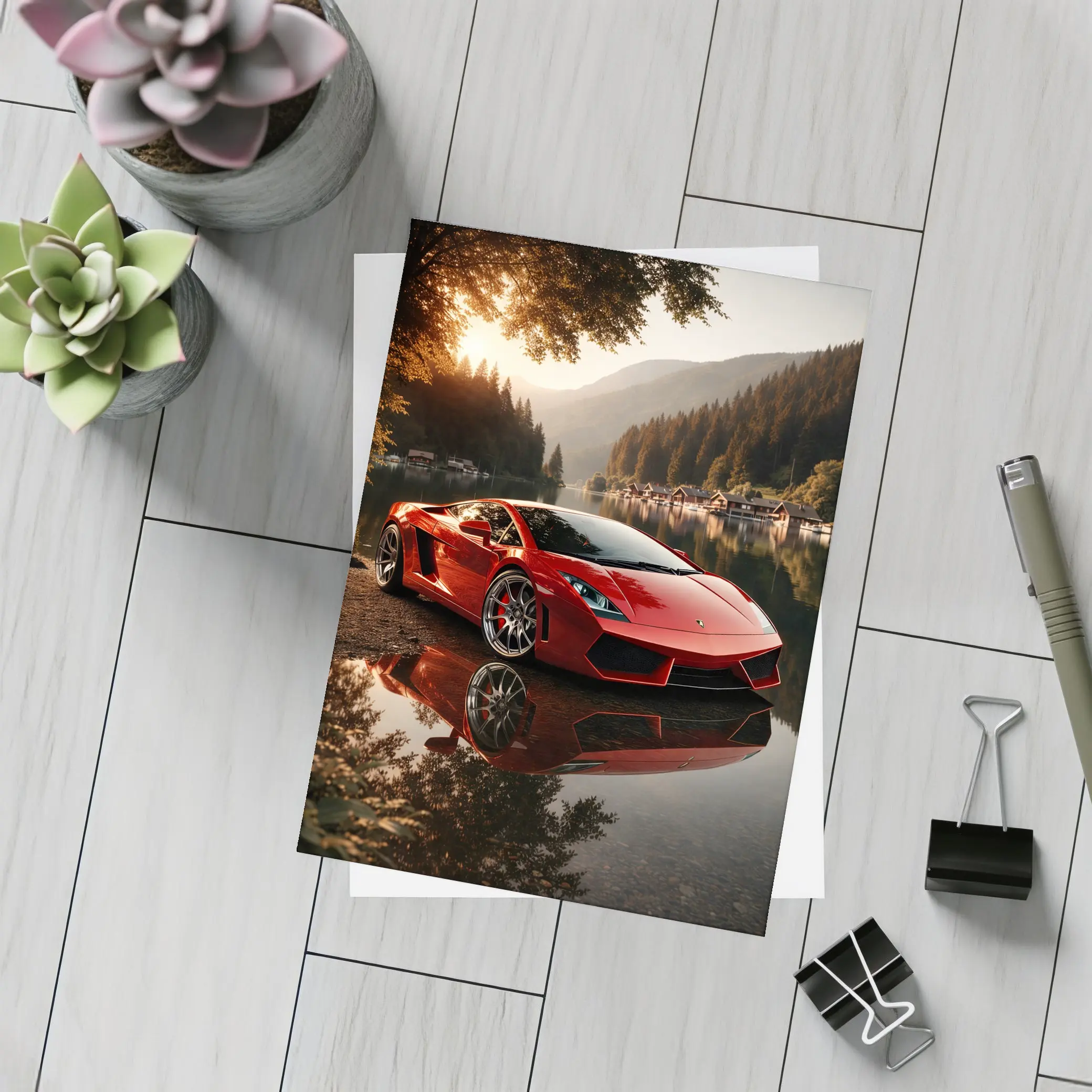 Lamborghini Gallardo Red Lake Sunset Scene – Postcards