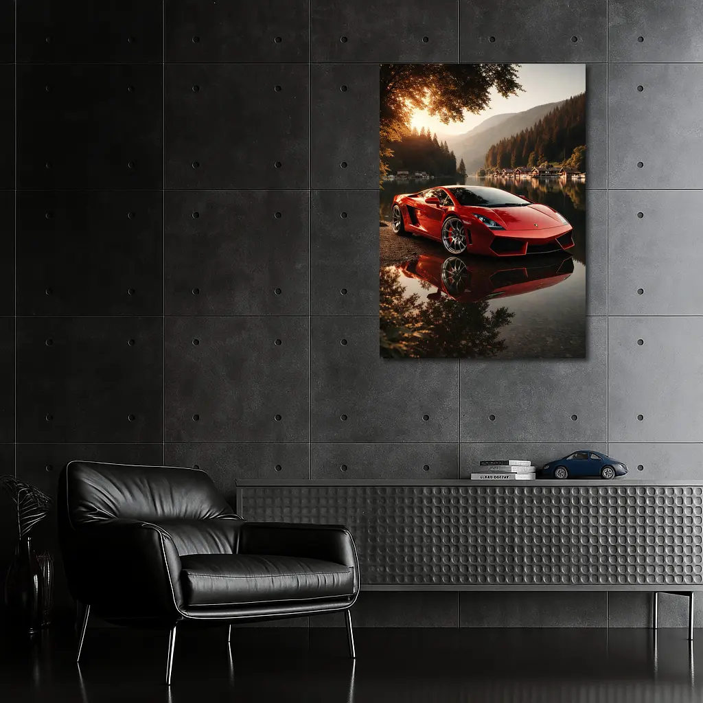 Lamborghini Gallardo Red Lake Sunset Scene – Wall Art