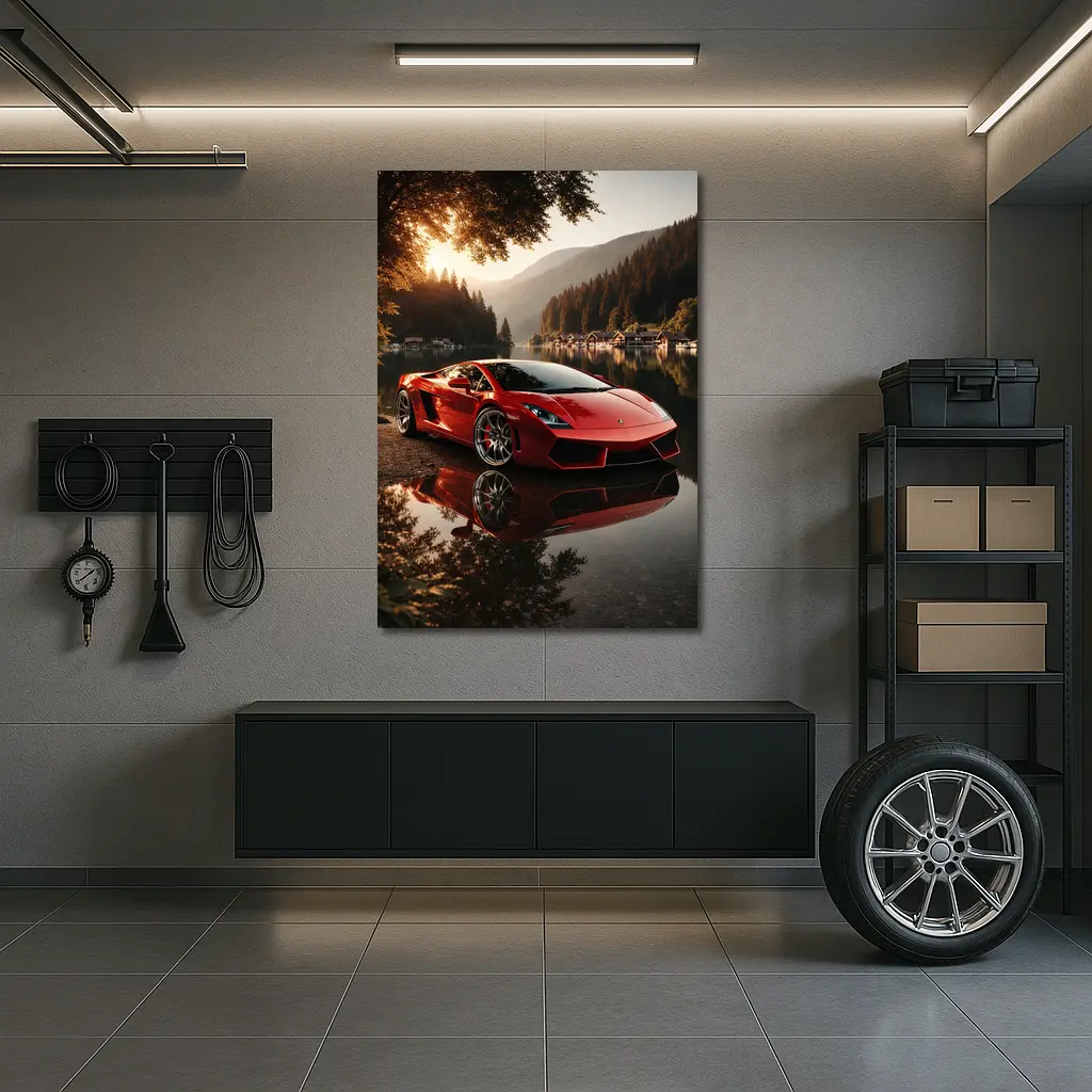 Lamborghini Gallardo Red Lake Sunset Scene – Wall Art
