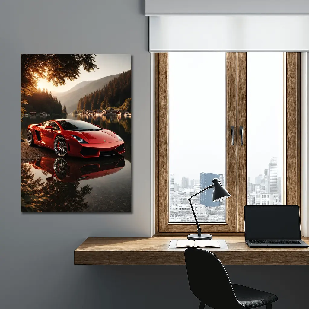 Lamborghini Gallardo Red Lake Sunset Scene – Wall Art