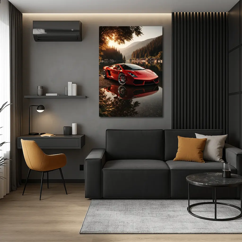 Lamborghini Gallardo Red Lake Sunset Scene – Wall Art