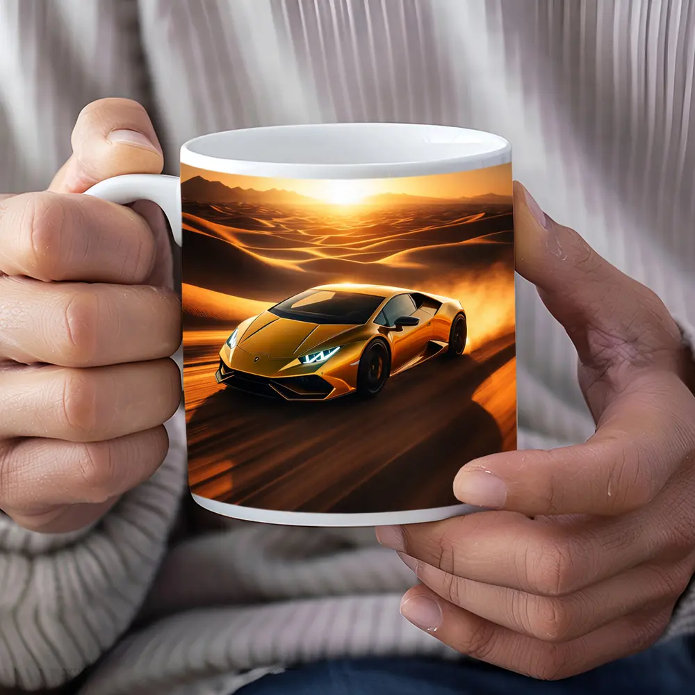 Lamborghini Huracan Speeding Through Desert Sunset – Mugs