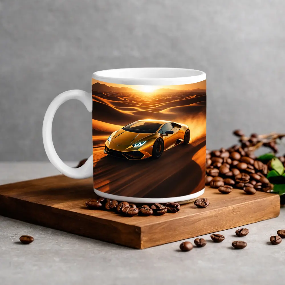 Lamborghini Huracan Speeding Through Desert Sunset – Mugs