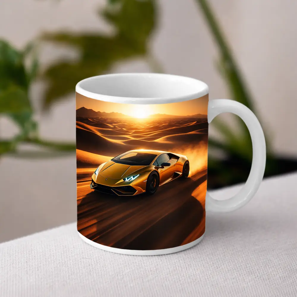 Lamborghini Huracan Speeding Through Desert Sunset – Mugs