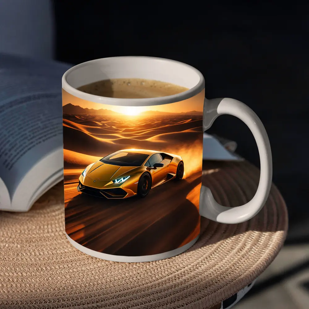 Lamborghini Huracan Speeding Through Desert Sunset – Mugs