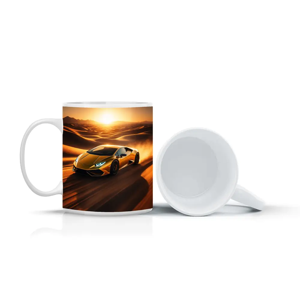 Lamborghini Huracan Speeding Through Desert Sunset – Mugs