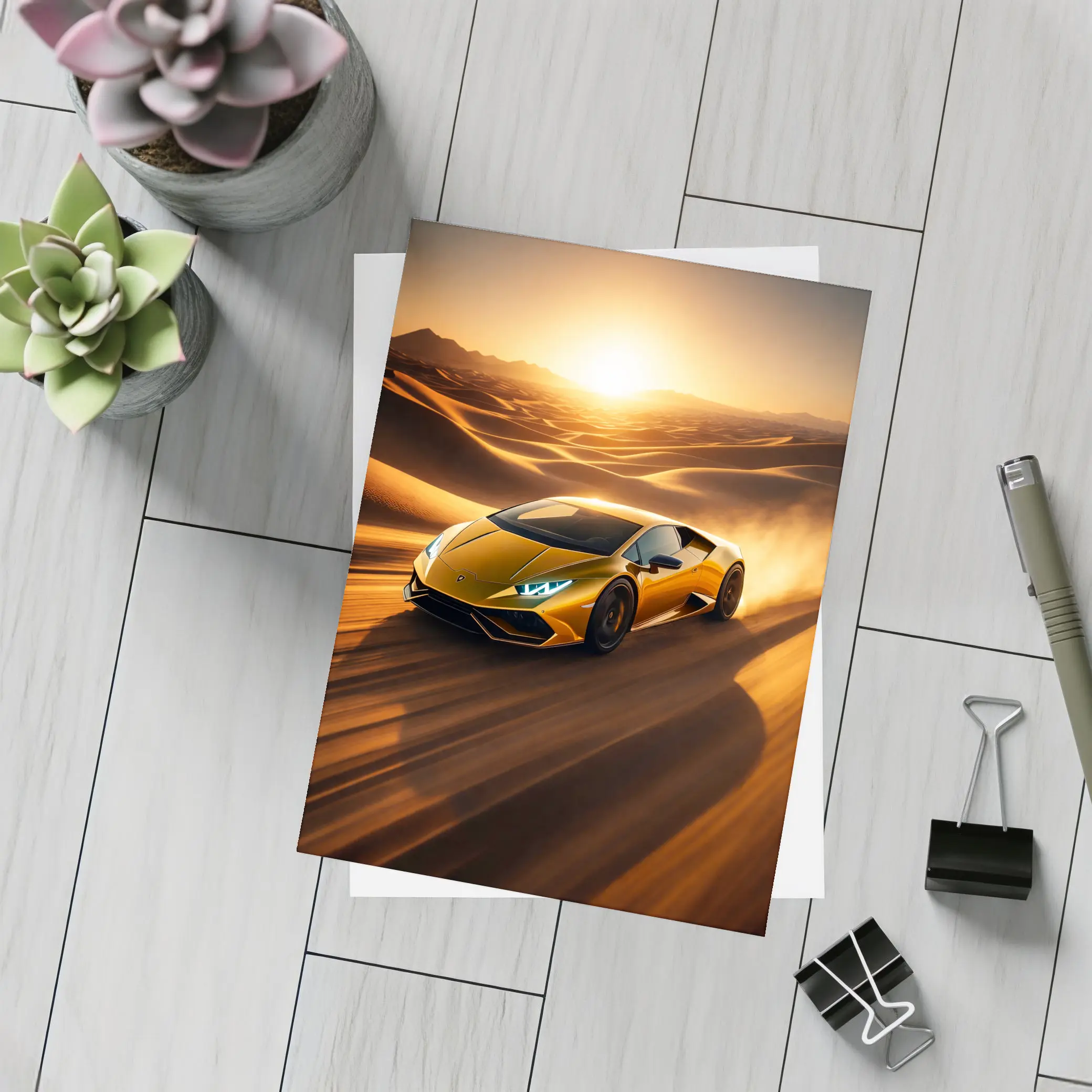 Lamborghini Huracan Speeding Through Desert Sunset – Postcards
