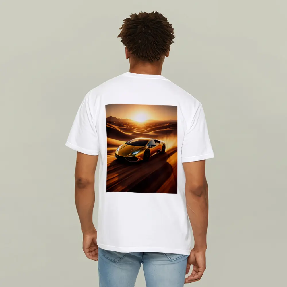 Lamborghini Huracan Speeding Through Desert Sunset – T-Shirts