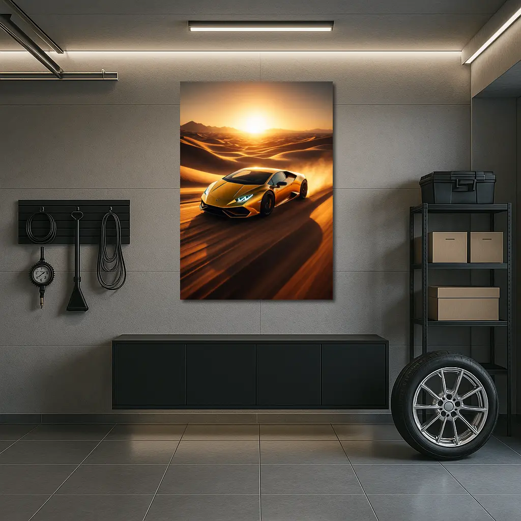 Lamborghini Huracan Speeding Through Desert Sunset – Wall Art