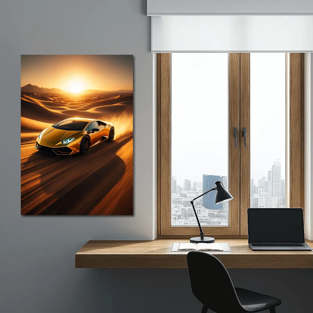 Lamborghini Huracan Speeding Through Desert Sunset – Wall Art