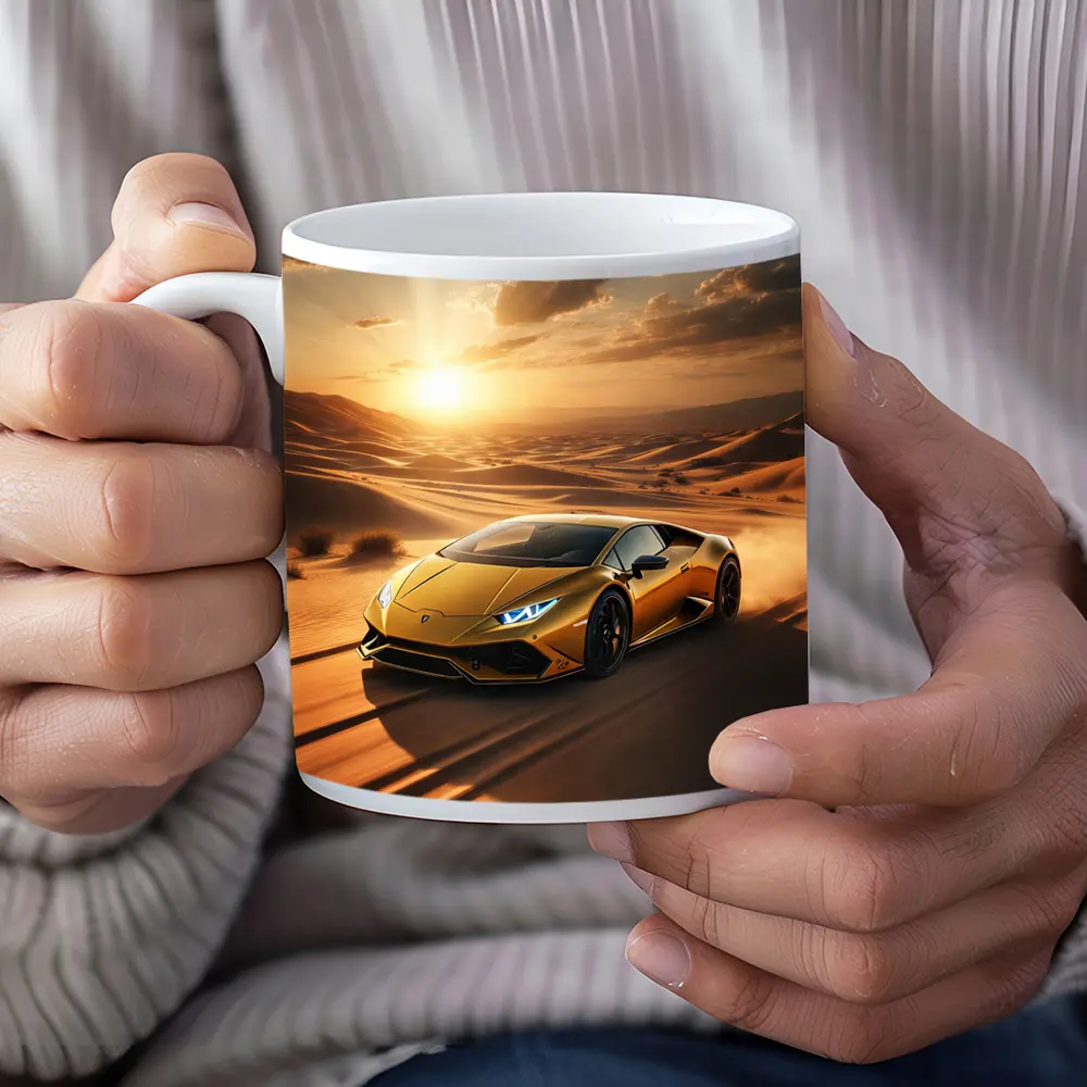 Lamborghini Huracan Racing Across Desert Sunset – Mugs
