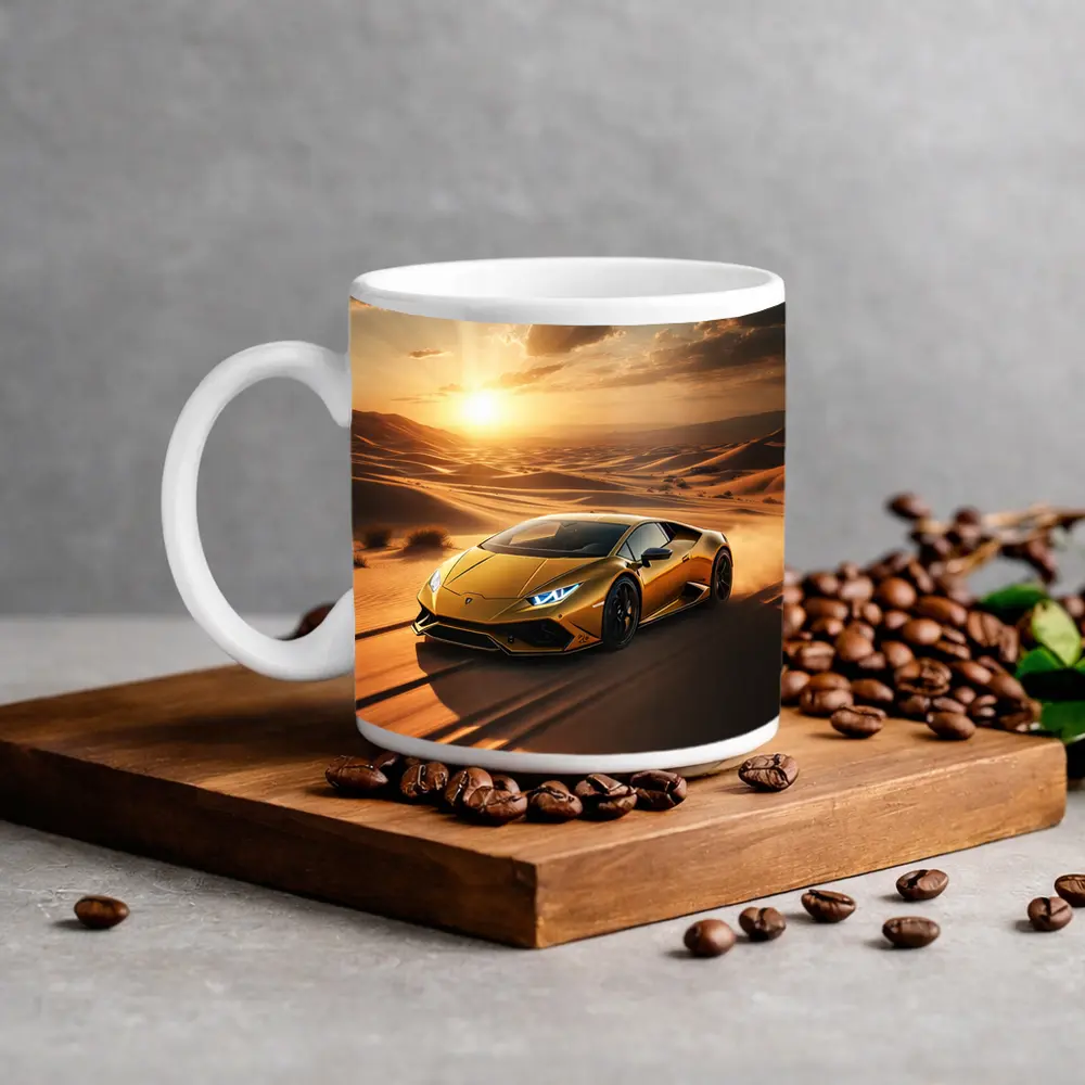 Lamborghini Huracan Racing Across Desert Sunset – Mugs