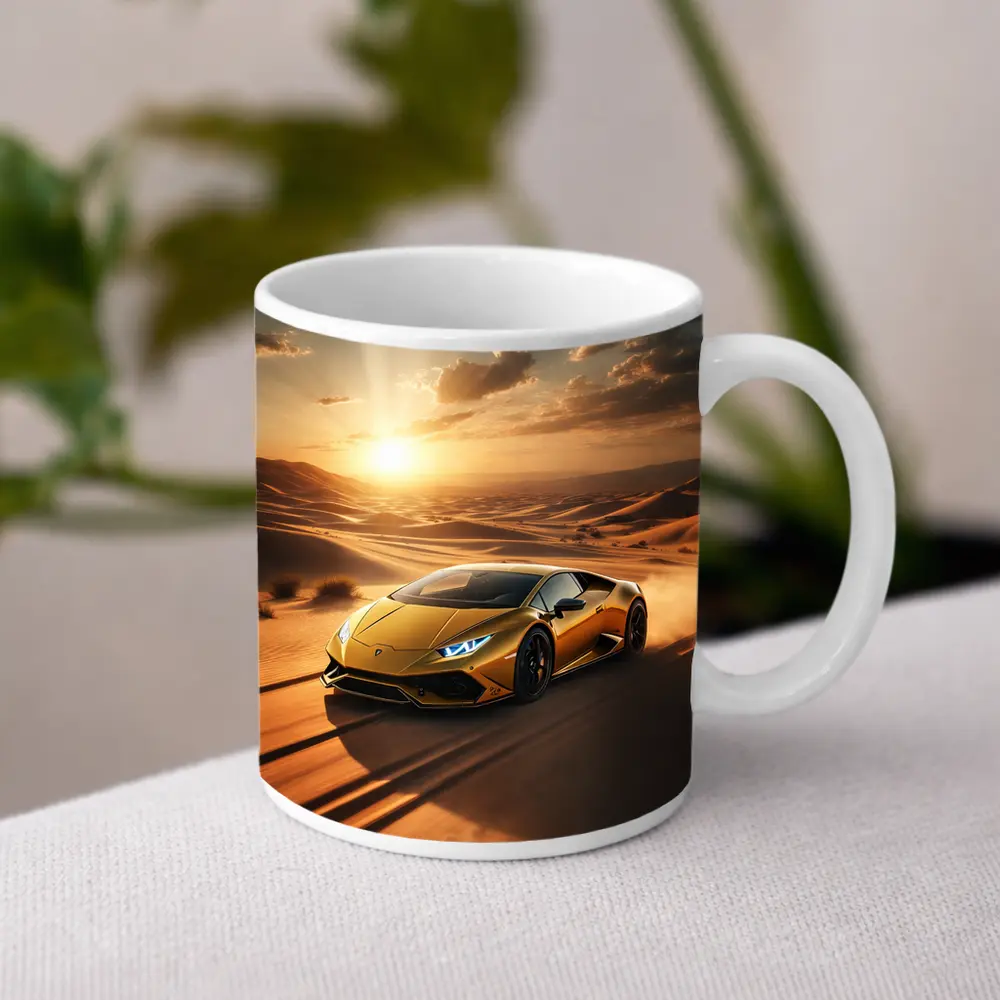 Lamborghini Huracan Racing Across Desert Sunset – Mugs