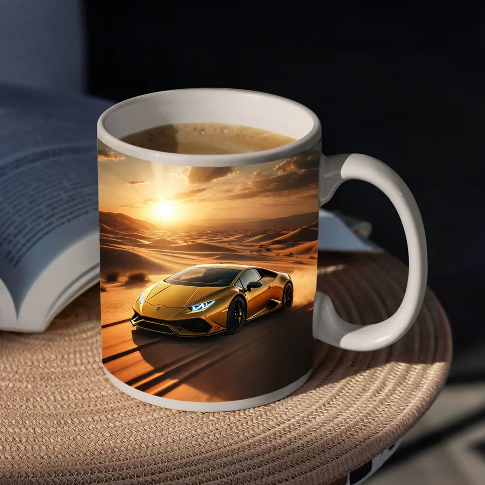 Lamborghini Huracan Racing Across Desert Sunset – Mugs