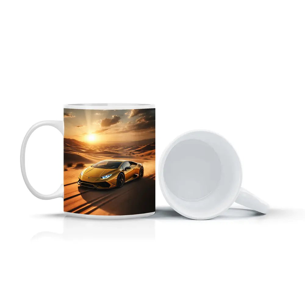 Lamborghini Huracan Racing Across Desert Sunset – Mugs