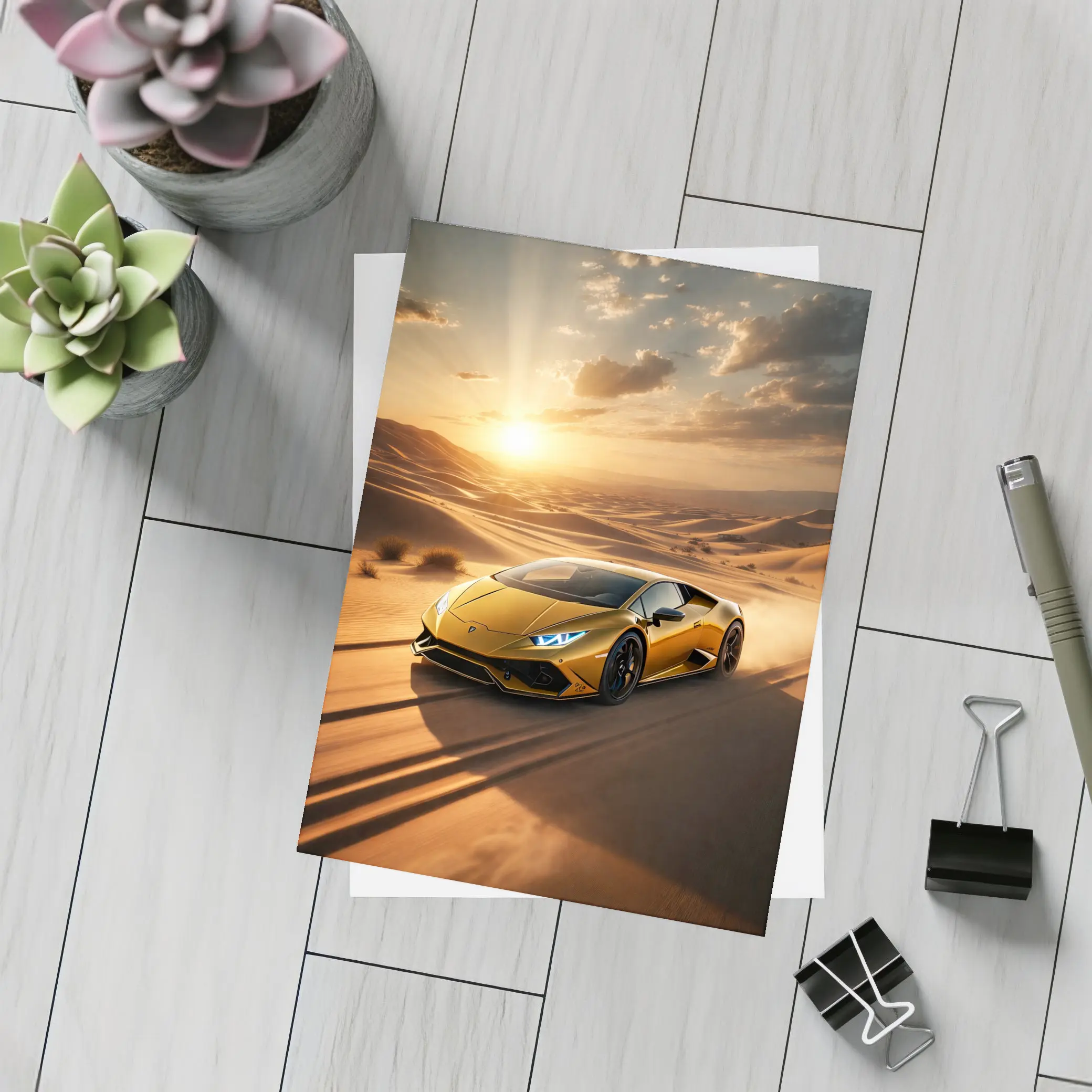 Lamborghini Huracan Racing Across Desert Sunset – Postcards