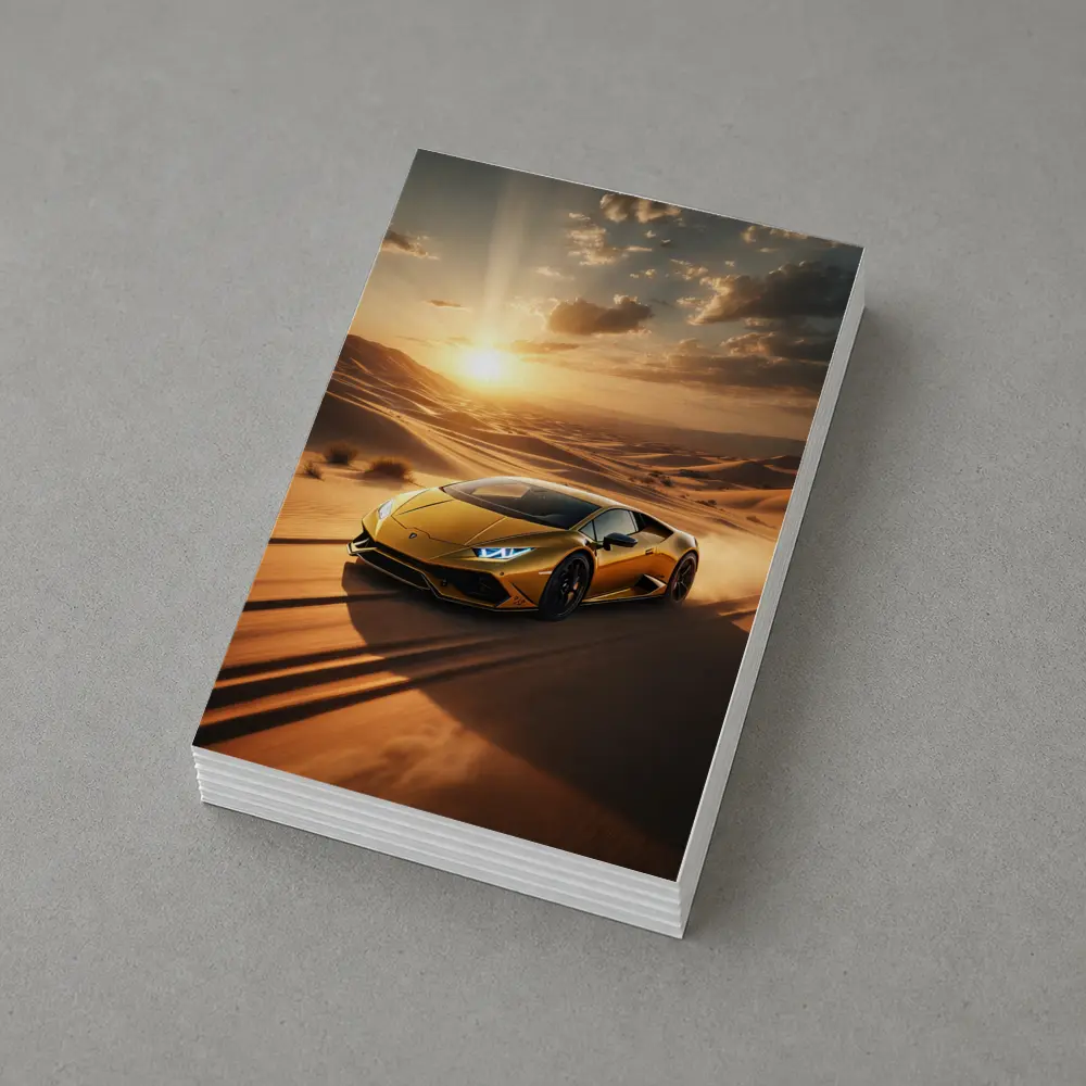 Lamborghini Huracan Racing Across Desert Sunset – Postcards