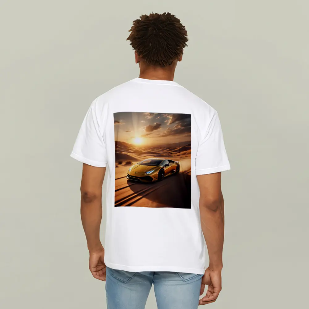 Lamborghini Huracan Racing Across Desert Sunset – T-Shirts