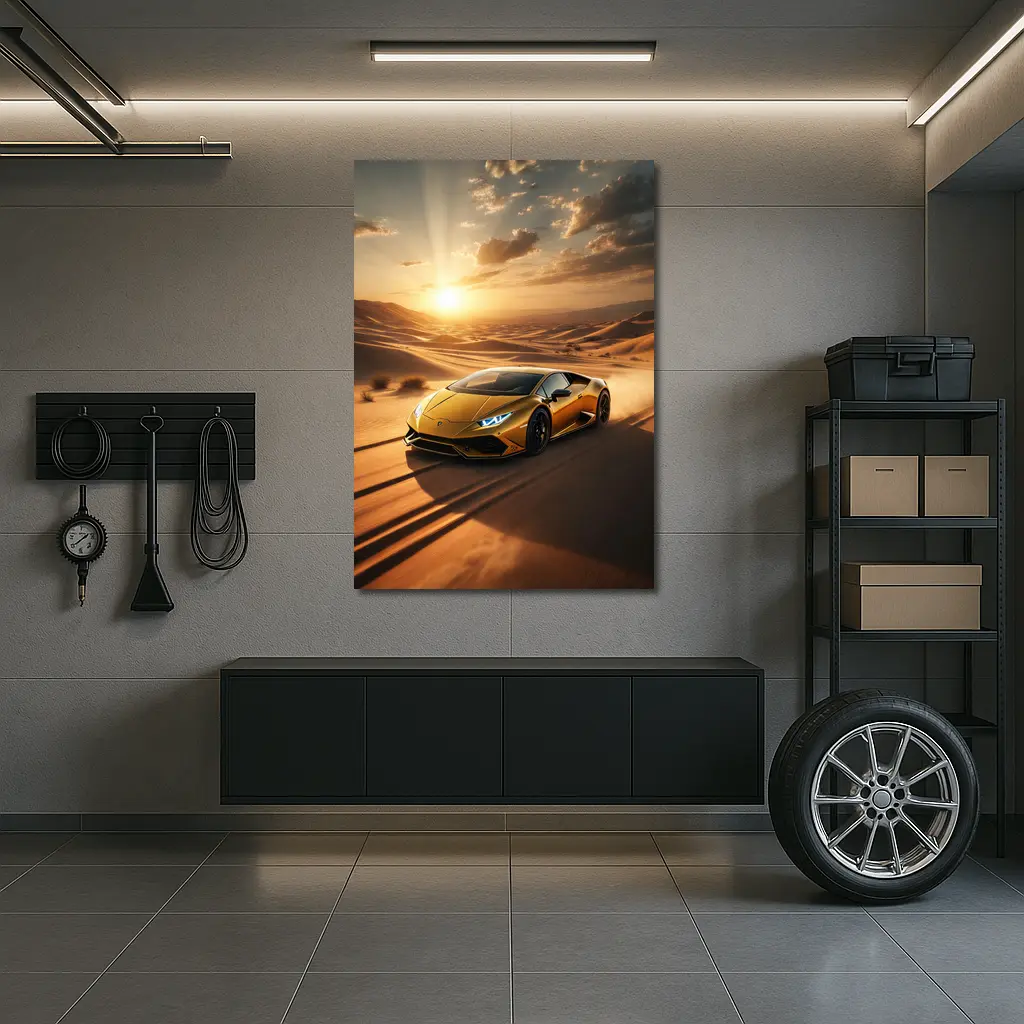 Lamborghini Huracan Racing Across Desert Sunset – Wall Art