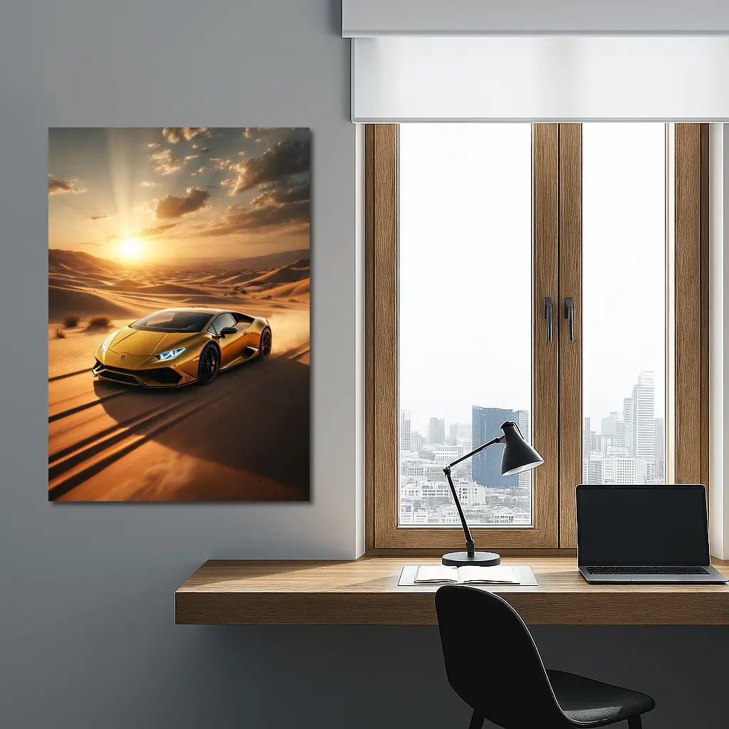 Lamborghini Huracan Racing Across Desert Sunset – Wall Art