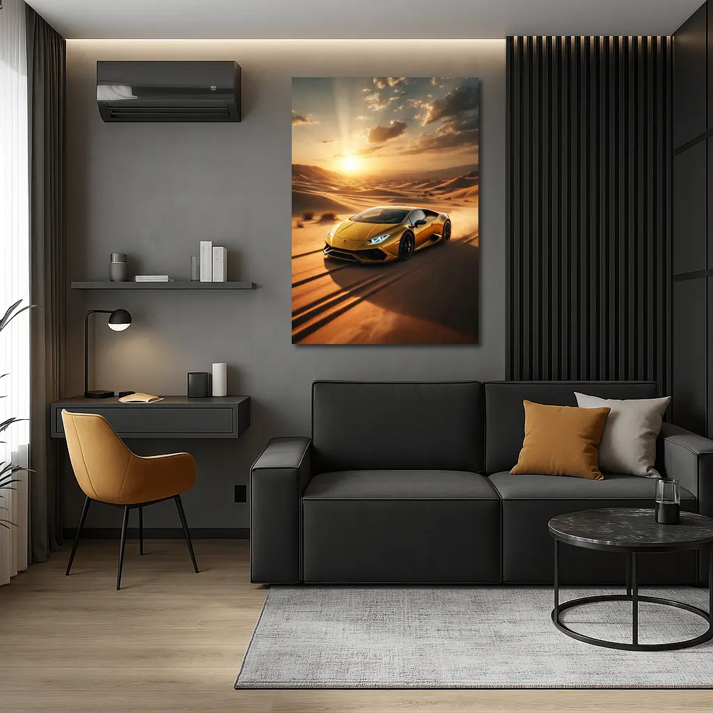 Lamborghini Huracan Racing Across Desert Sunset – Wall Art