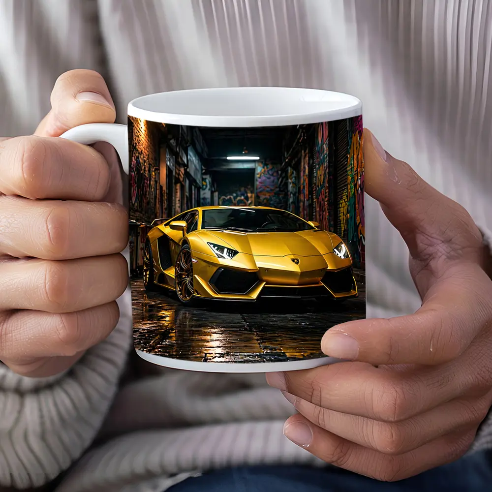 Yellow Lamborghini Aventador Graffiti Alley Night – Mugs