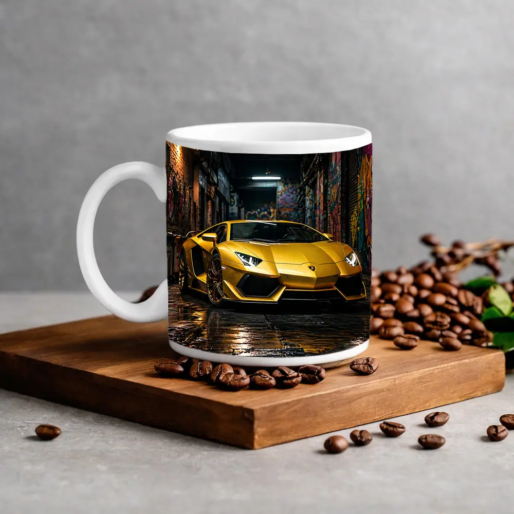 Yellow Lamborghini Aventador Graffiti Alley Night – Mugs