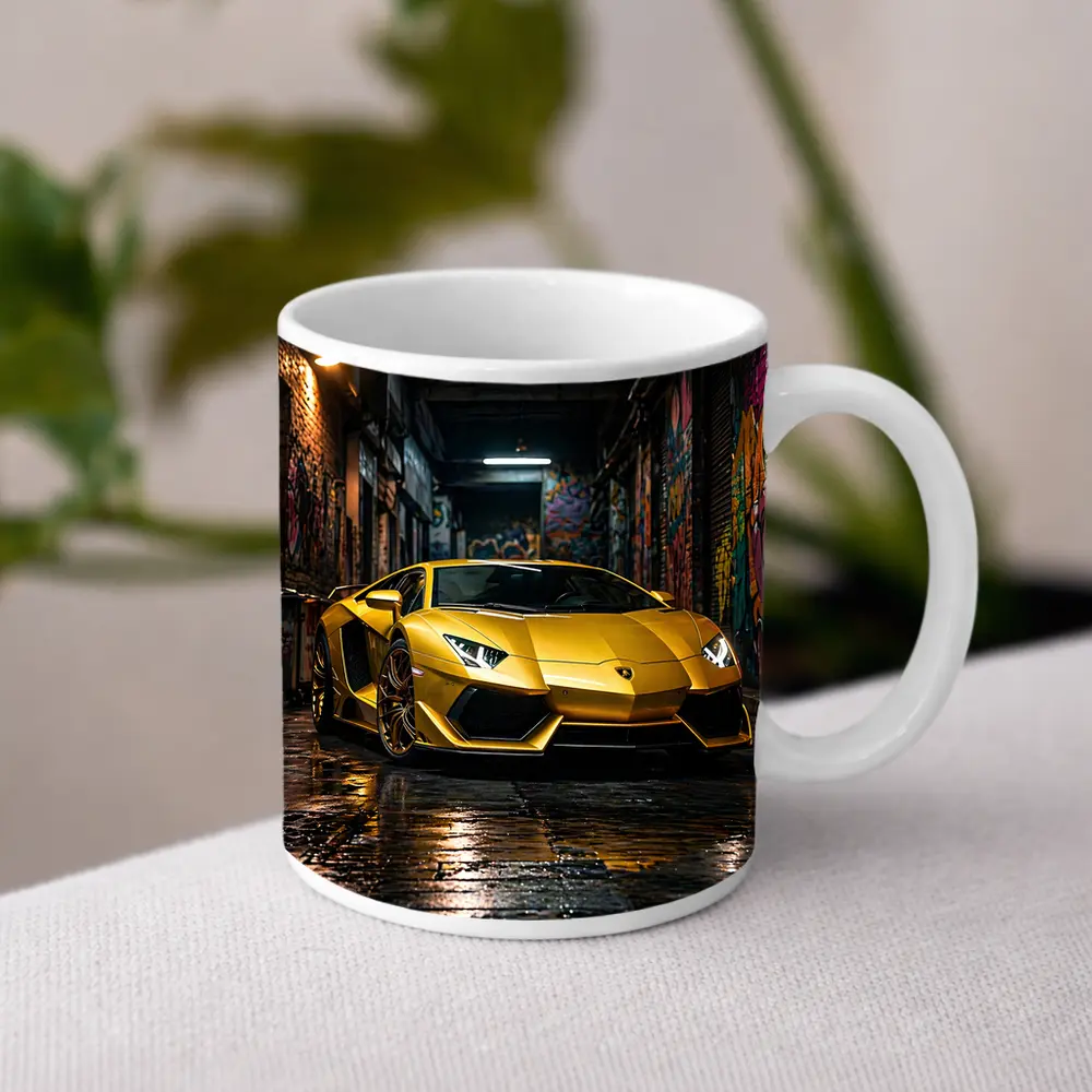 Yellow Lamborghini Aventador Graffiti Alley Night – Mugs