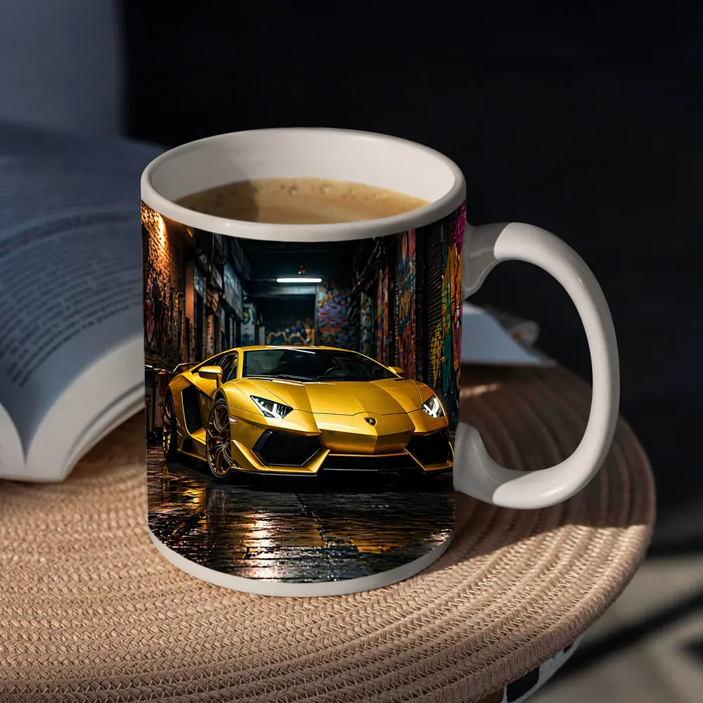 Yellow Lamborghini Aventador Graffiti Alley Night – Mugs