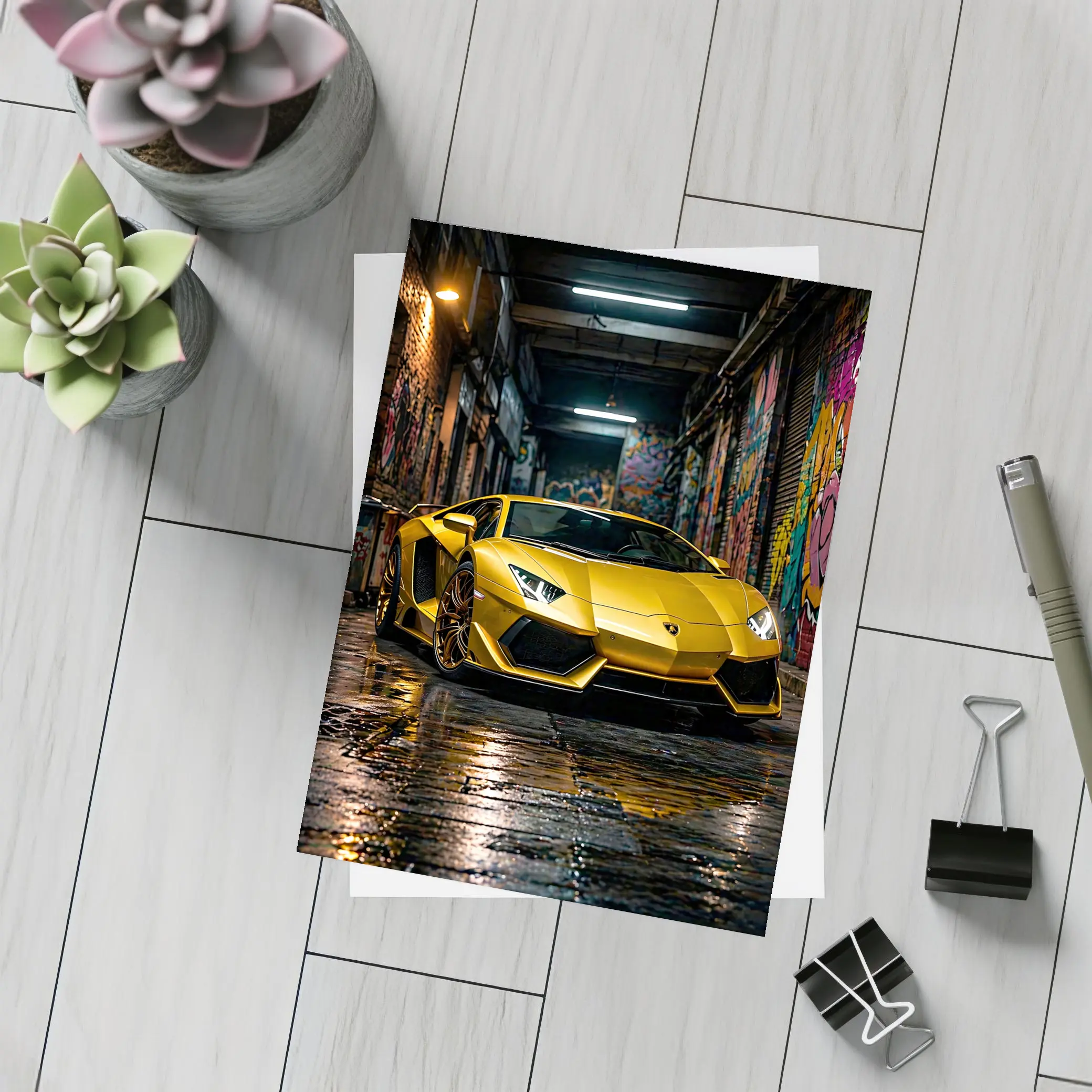 Yellow Lamborghini Aventador Graffiti Alley Night – Postcards