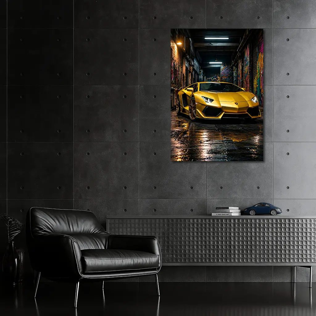 Yellow Lamborghini Aventador Graffiti Alley Night – Wall Art