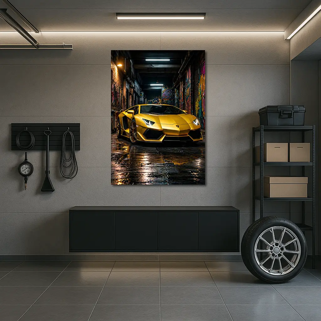 Yellow Lamborghini Aventador Graffiti Alley Night – Wall Art