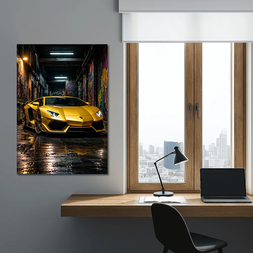 Yellow Lamborghini Aventador Graffiti Alley Night – Wall Art