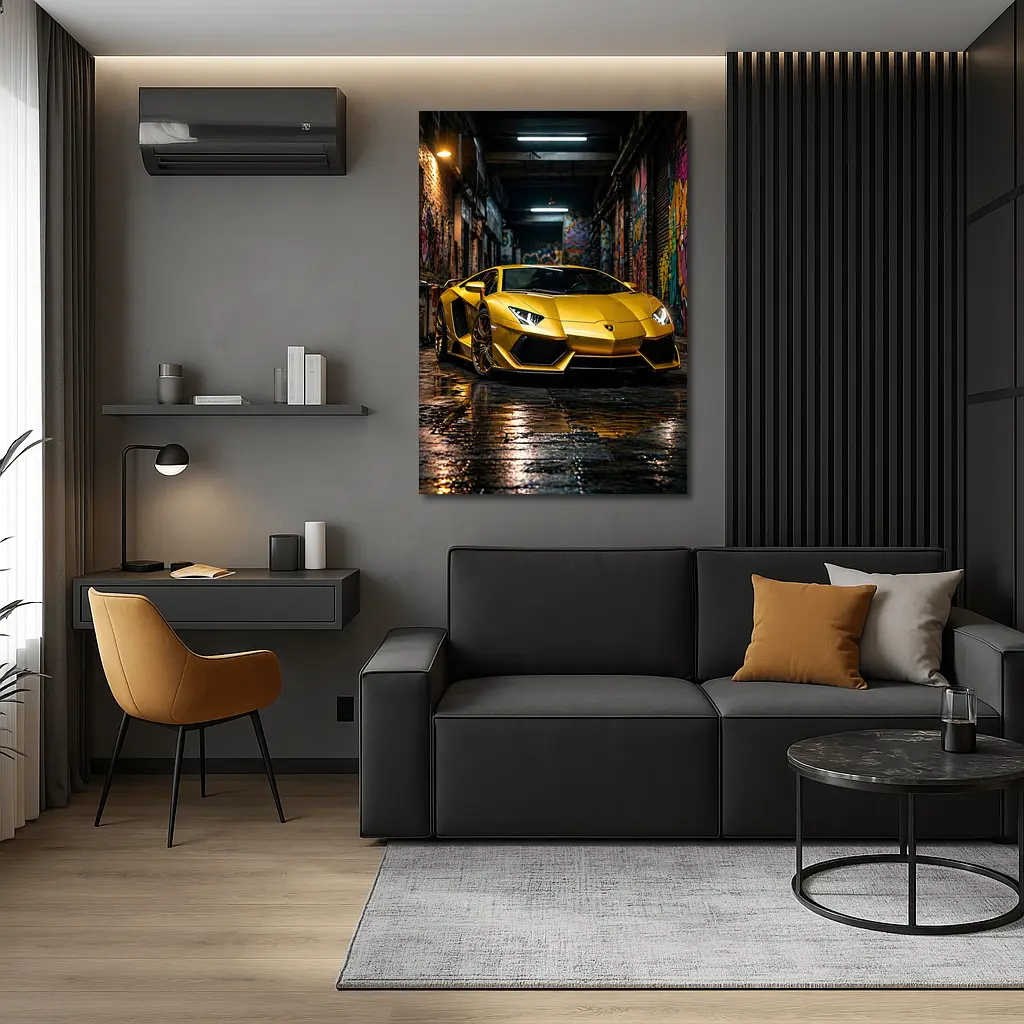 Yellow Lamborghini Aventador Graffiti Alley Night – Wall Art