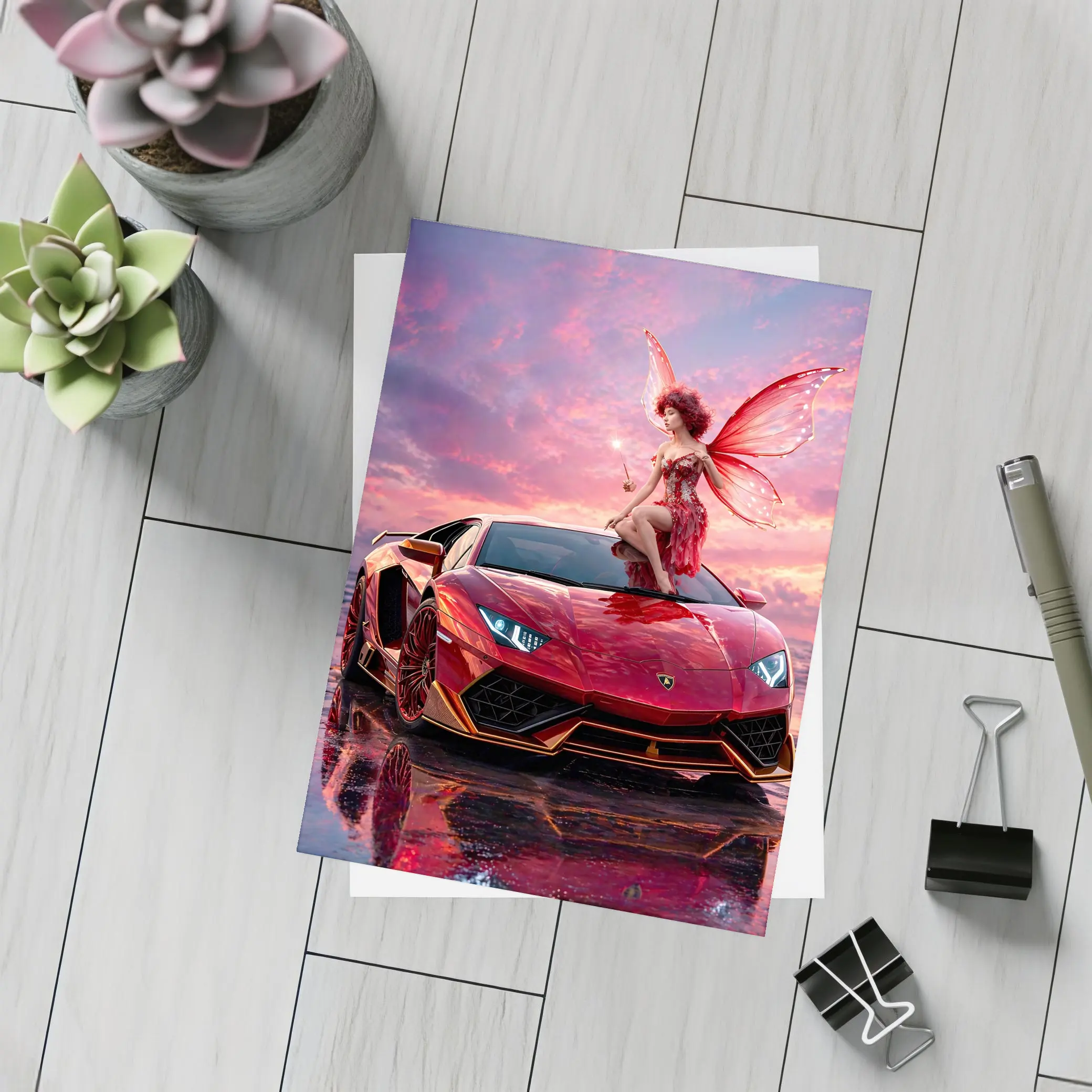 Red Lamborghini Huracan Fairy Fantasy Art – Postcards