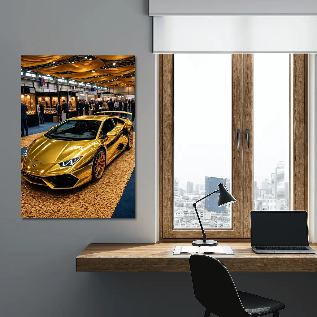 Gold Lamborghini Huracan At Luxury Car Show – Wall Art