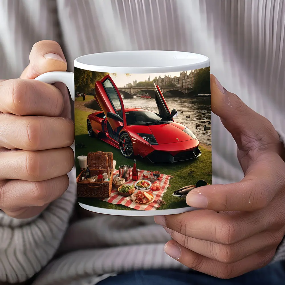 Red Lamborghini Murcielago Riverside Picnic Scene – Mugs