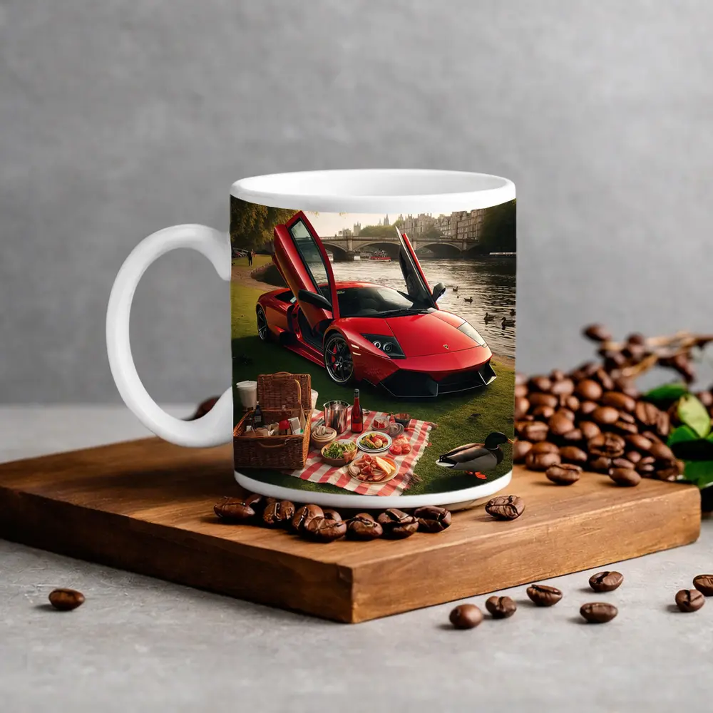 Red Lamborghini Murcielago Riverside Picnic Scene – Mugs