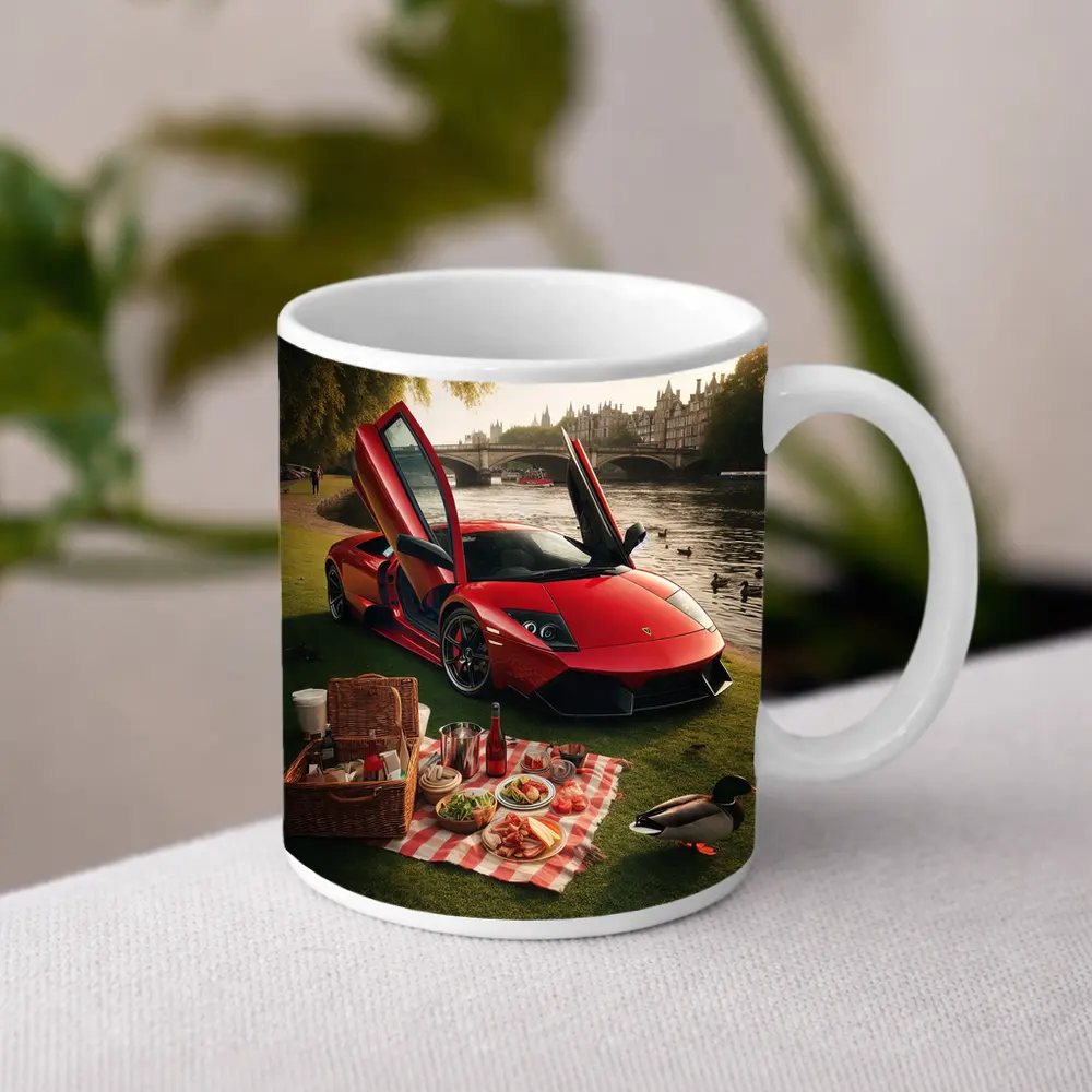 Red Lamborghini Murcielago Riverside Picnic Scene – Mugs
