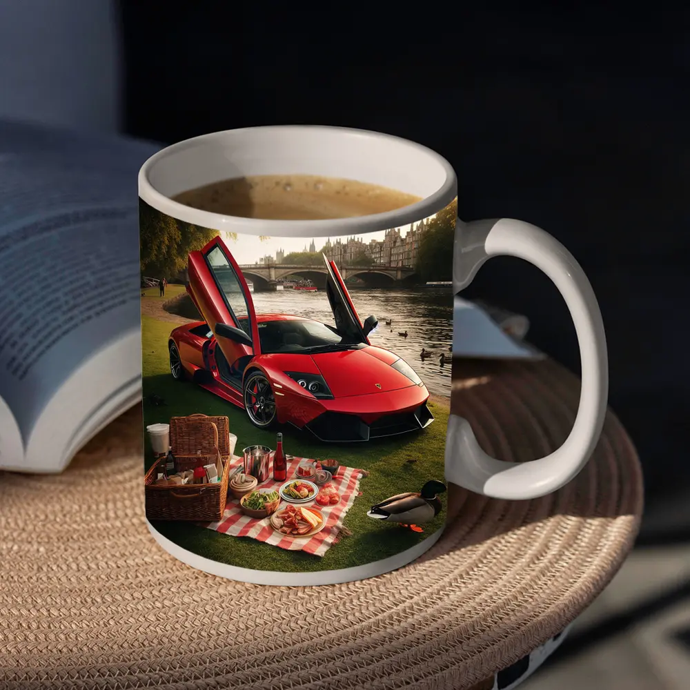 Red Lamborghini Murcielago Riverside Picnic Scene – Mugs