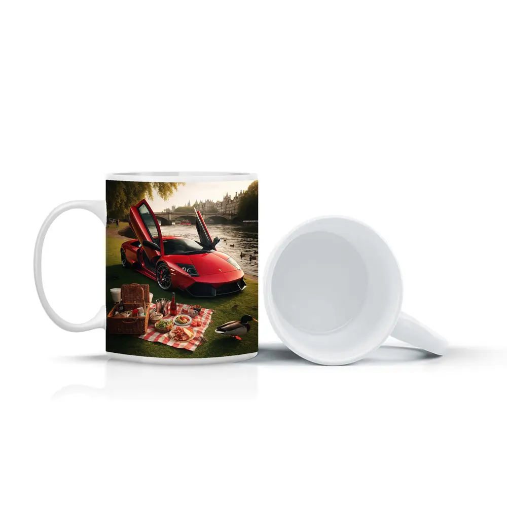 Red Lamborghini Murcielago Riverside Picnic Scene – Mugs
