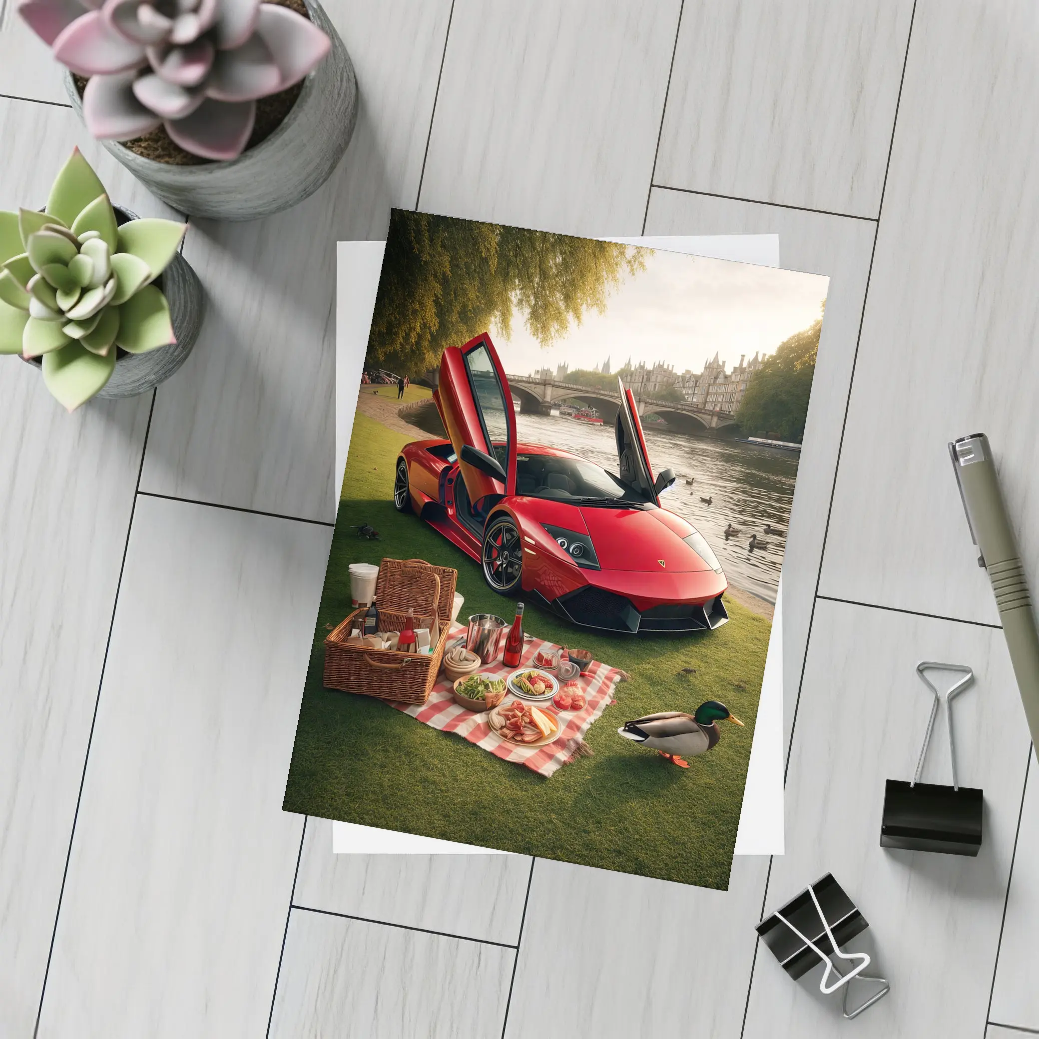 Red Lamborghini Murcielago Riverside Picnic Scene – Postcards