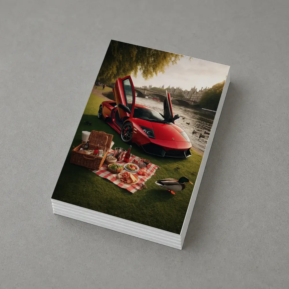Red Lamborghini Murcielago Riverside Picnic Scene – Postcards
