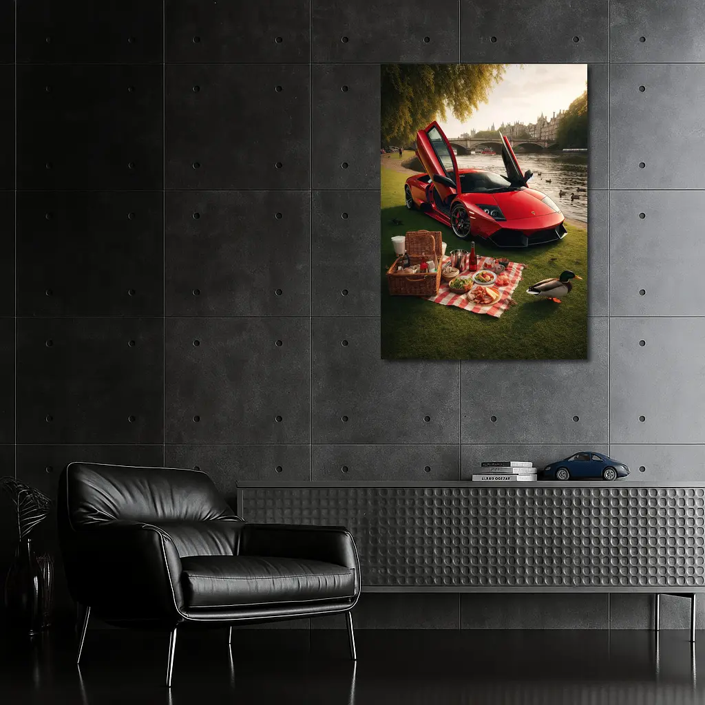 Red Lamborghini Murcielago Riverside Picnic Scene – Wall Art