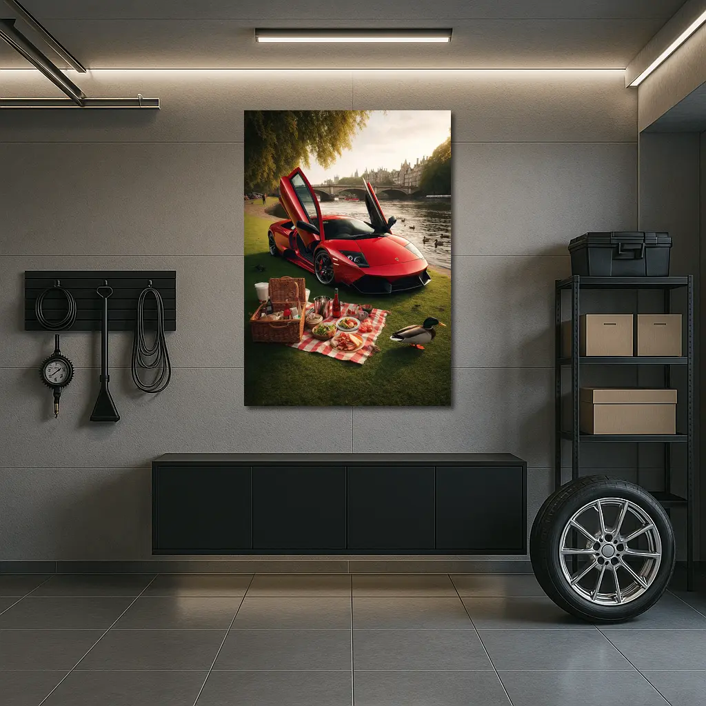 Red Lamborghini Murcielago Riverside Picnic Scene – Wall Art
