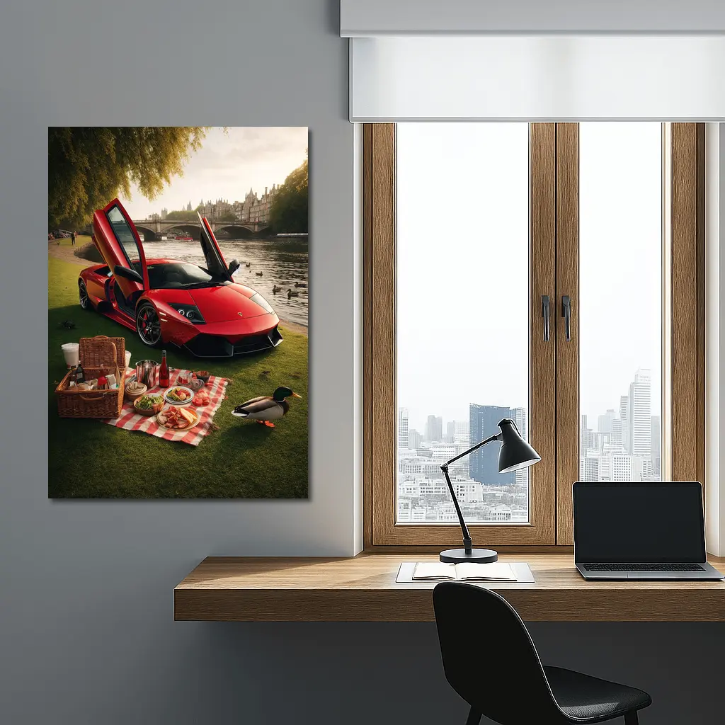 Red Lamborghini Murcielago Riverside Picnic Scene – Wall Art