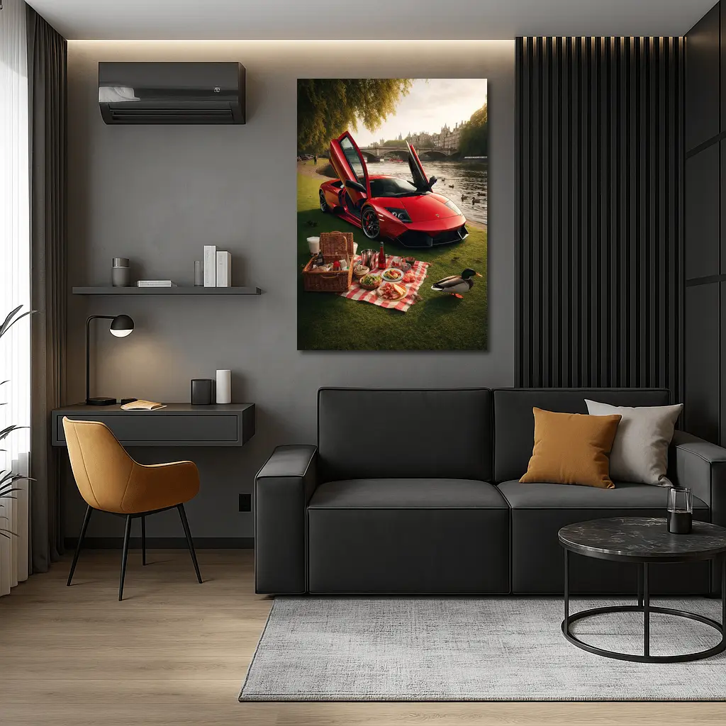 Red Lamborghini Murcielago Riverside Picnic Scene – Wall Art