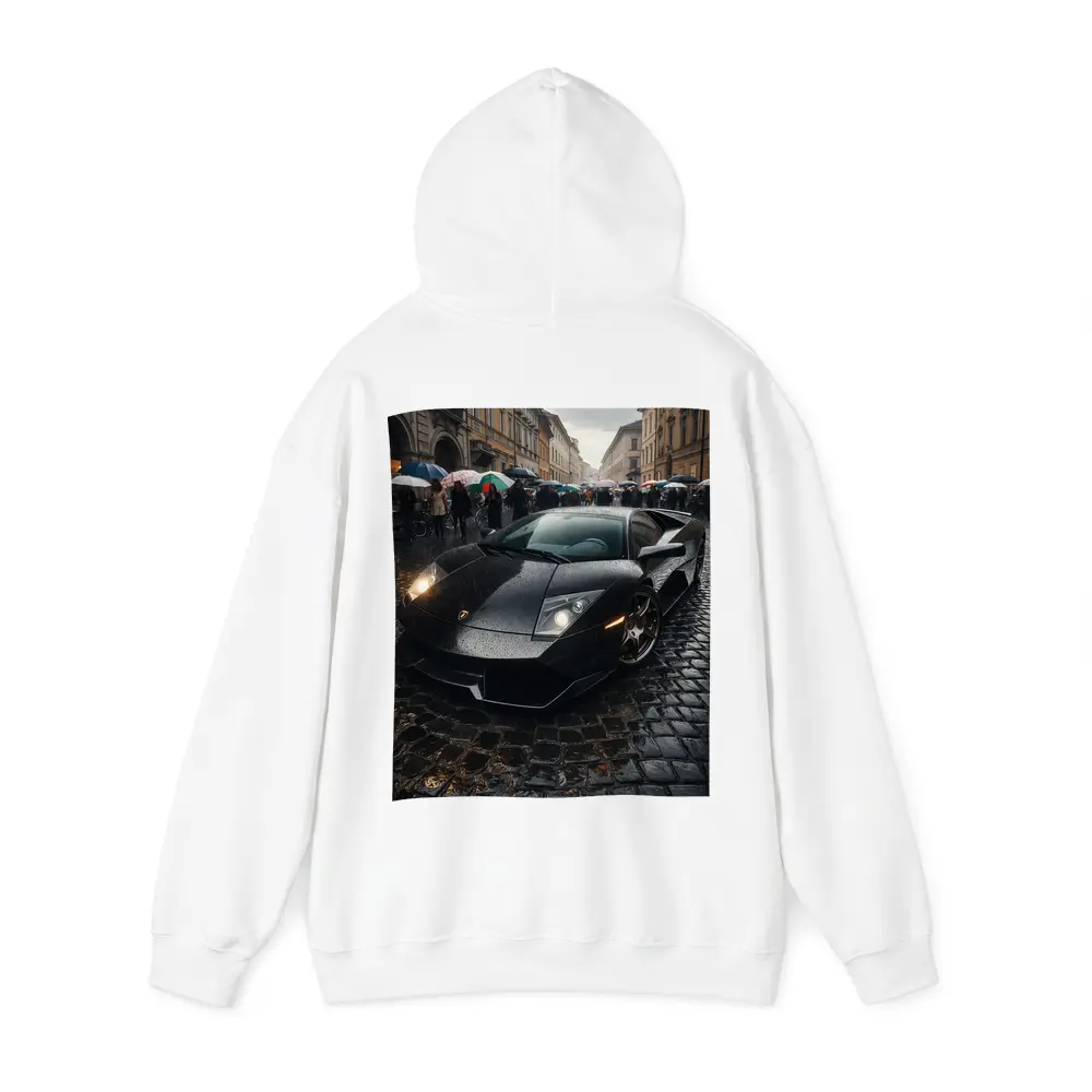 Lamborghini Murcielago Black Rainy Cobblestone Street – Hoodies