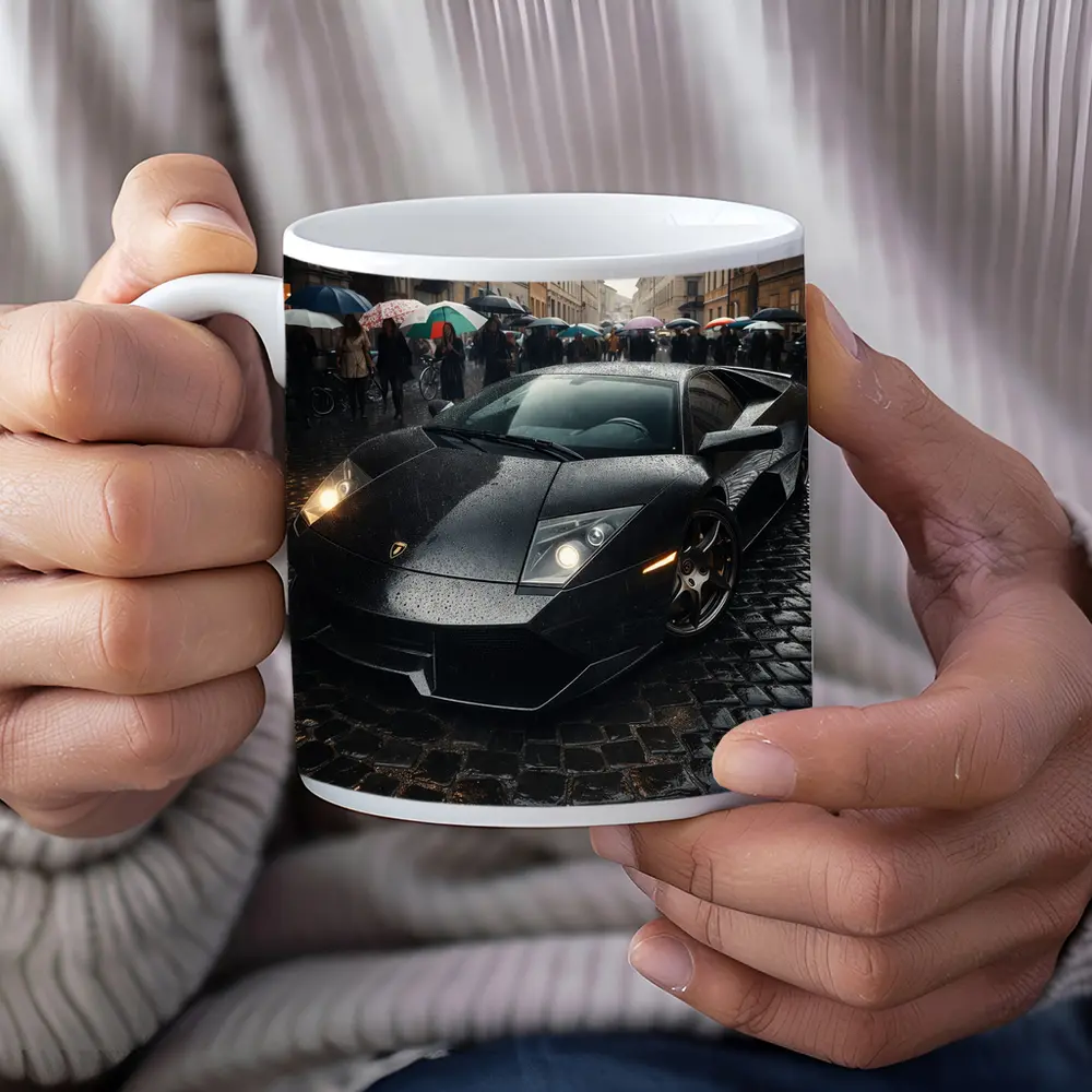 Lamborghini Murcielago Black Rainy Cobblestone Street – Mugs