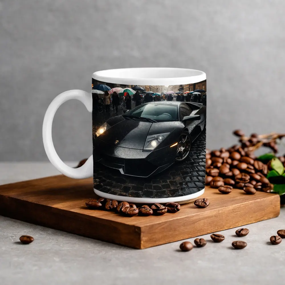 Lamborghini Murcielago Black Rainy Cobblestone Street – Mugs